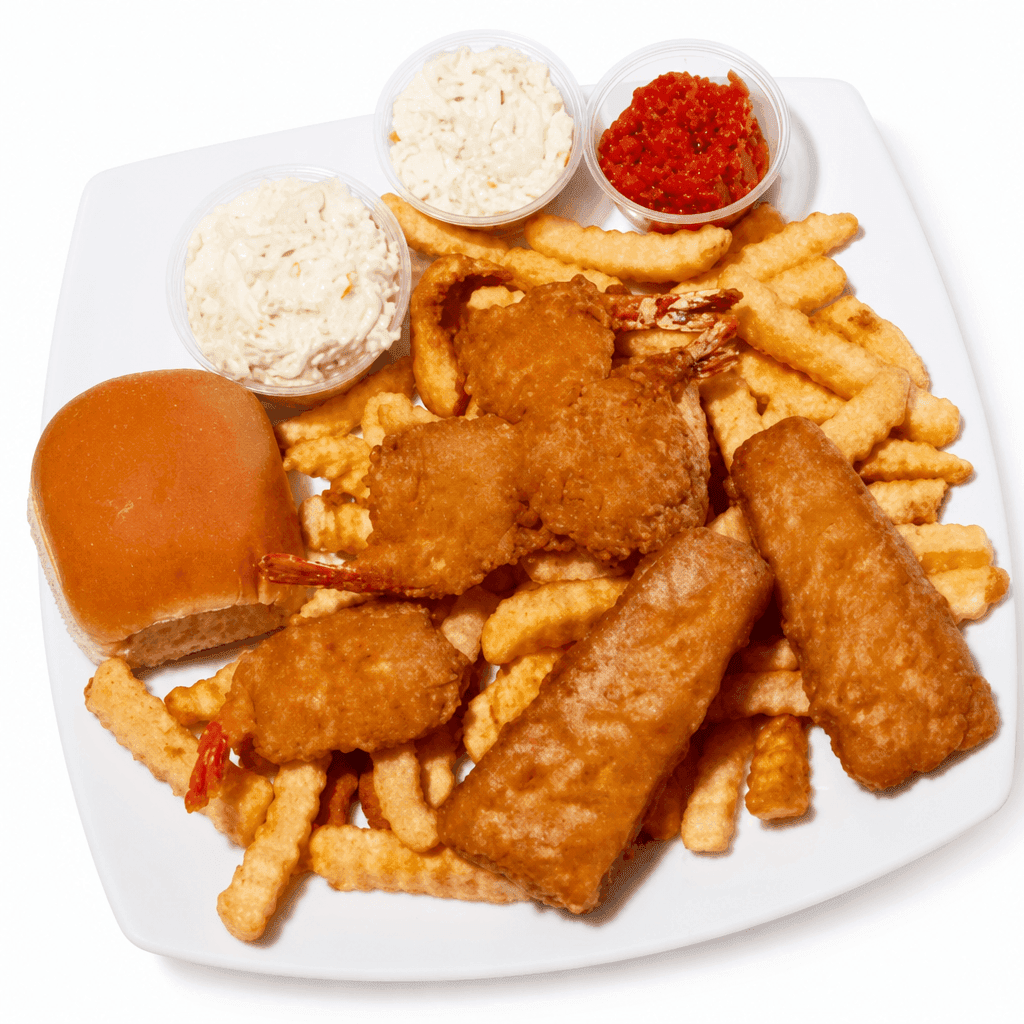 Fried seafood platter 4 shrimps 2 fish / 12.50