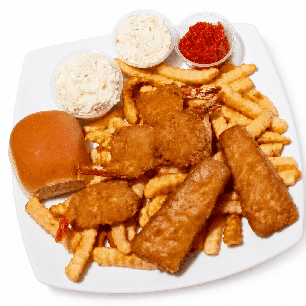 Fried seafood platter 4 shrimps 2 fish